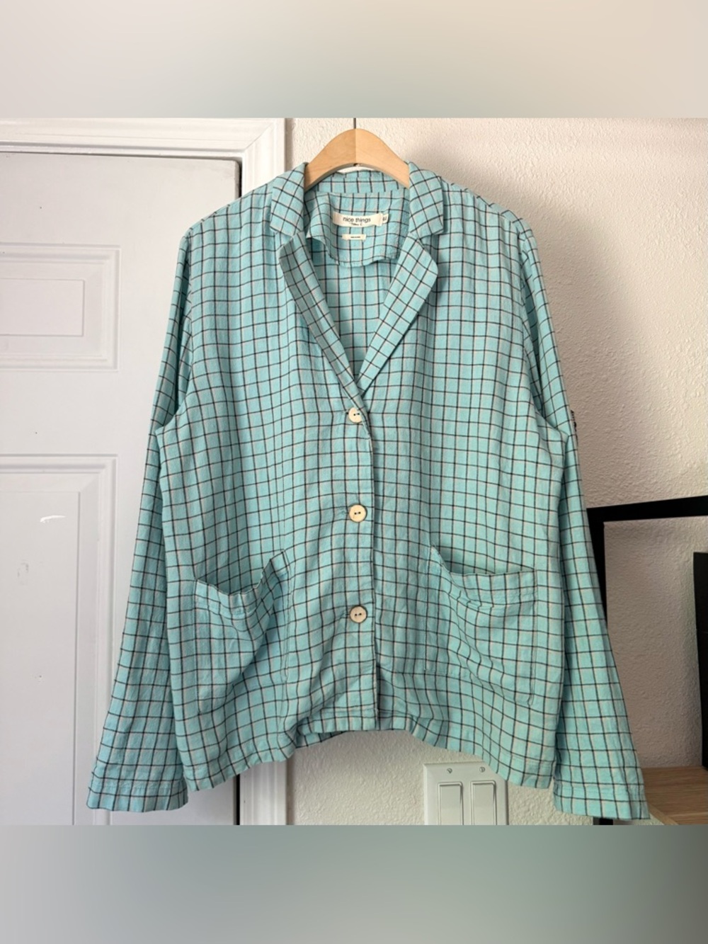 NICE THINGS BY PALOMA S. teal aqua mint windowpane plaid boxy oversized‎ shirt